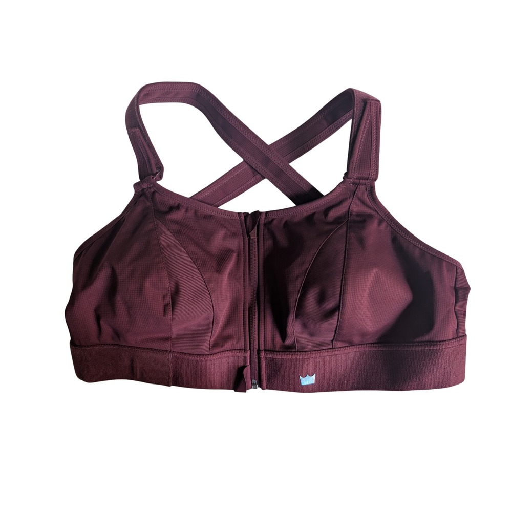 SheFit Ultimate Sports Bra 2Luxe Burgundy Wine High Impact Zip Front Adjustable